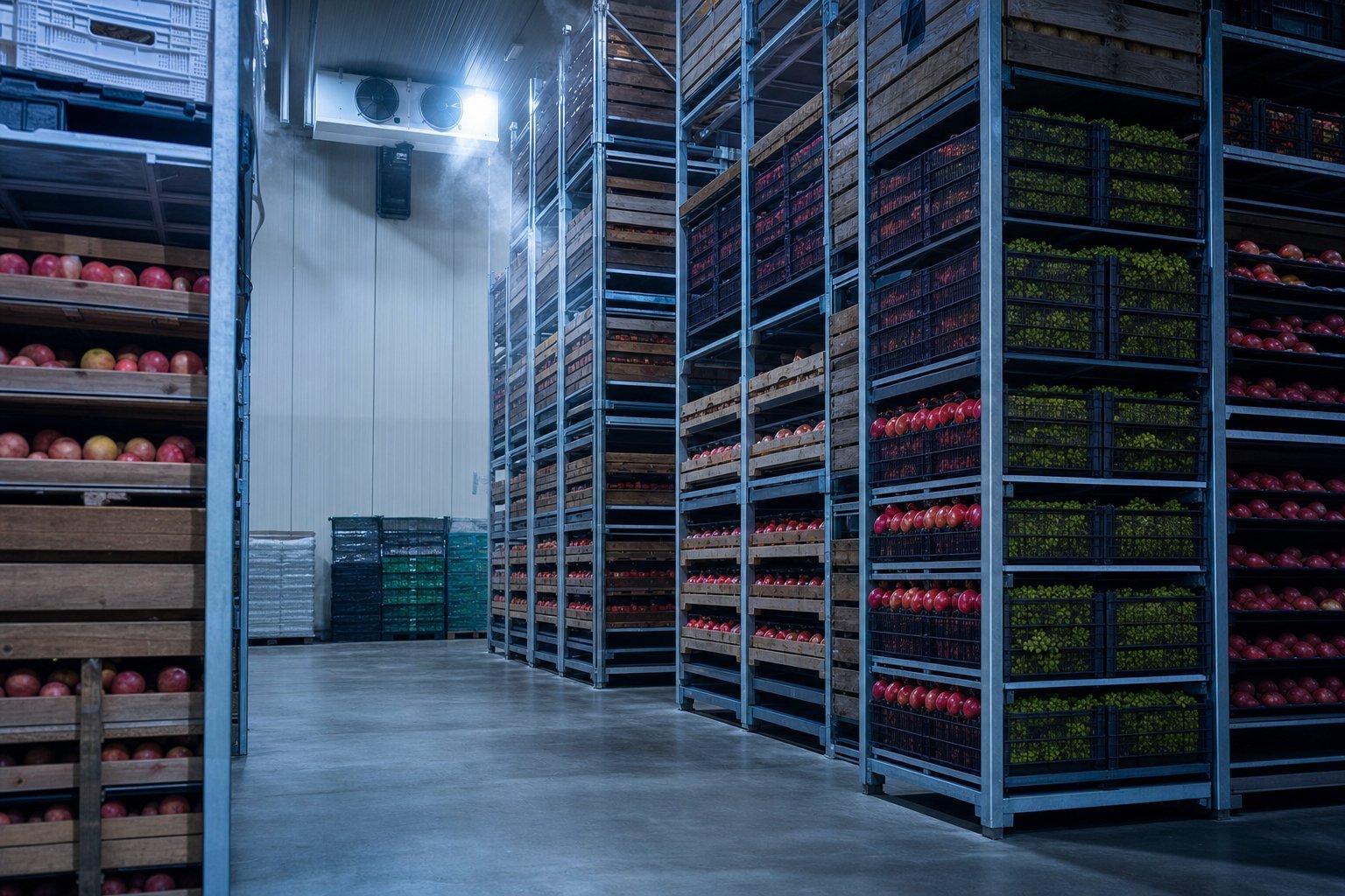 Crated apples stored in a cold room