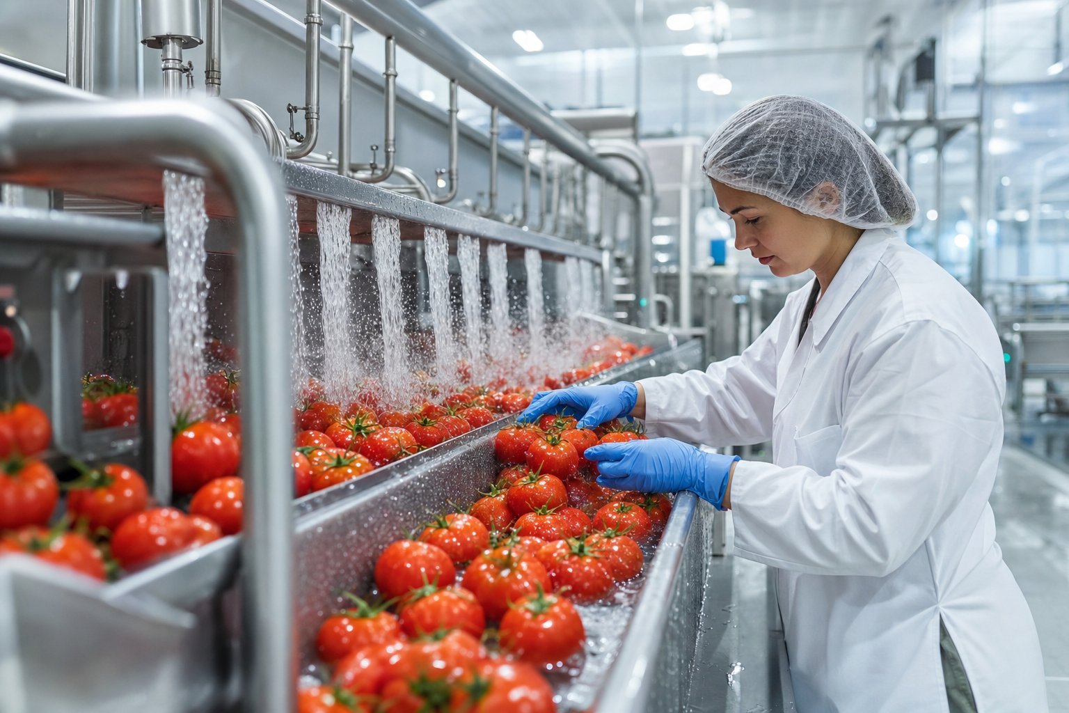 Fruit being washed and sorted on a processing line